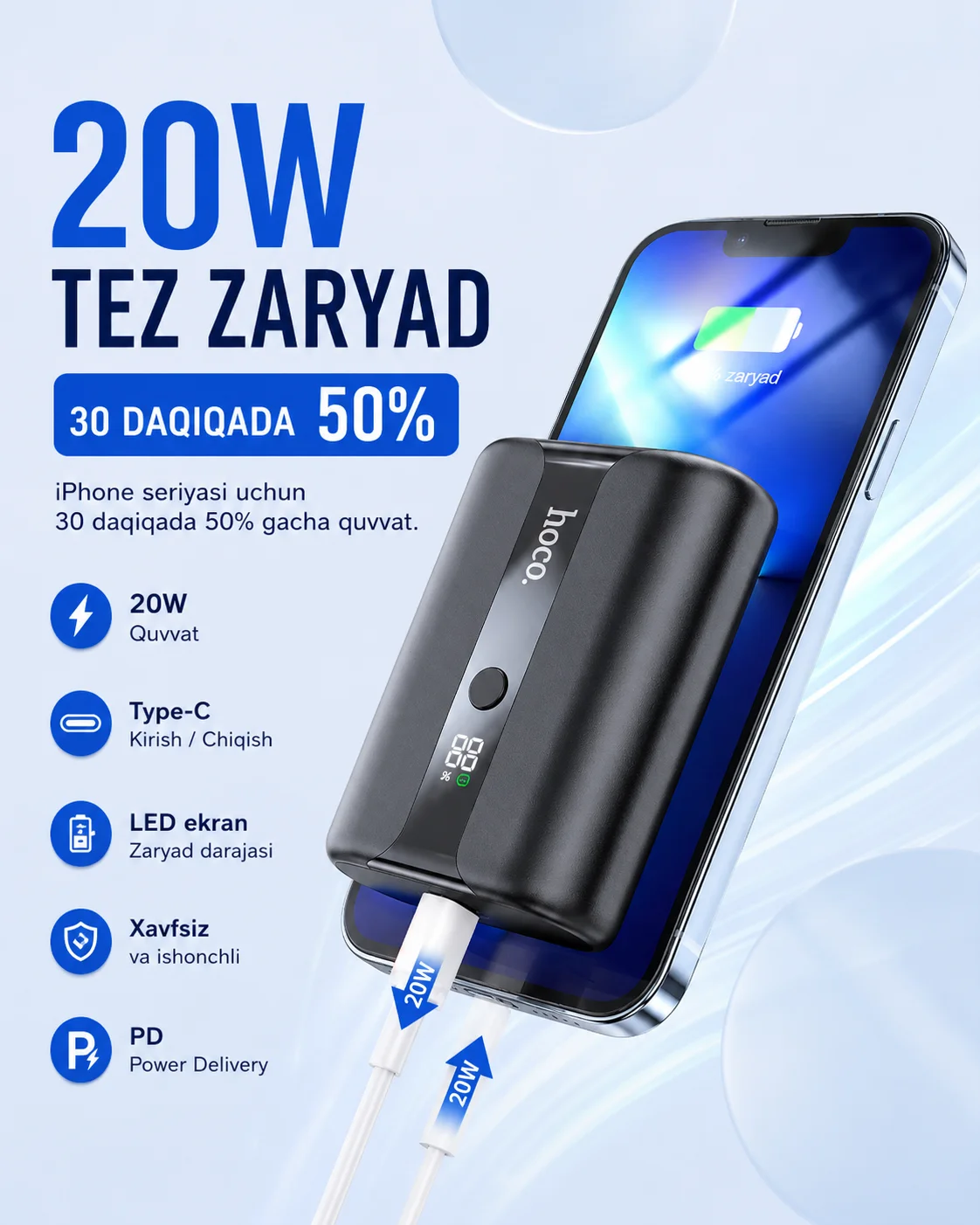 Power bank HOCO Q3 Pro 10000mAh — 22.5W tez quvvatlash, PD 20W — Hoco — Powerbank