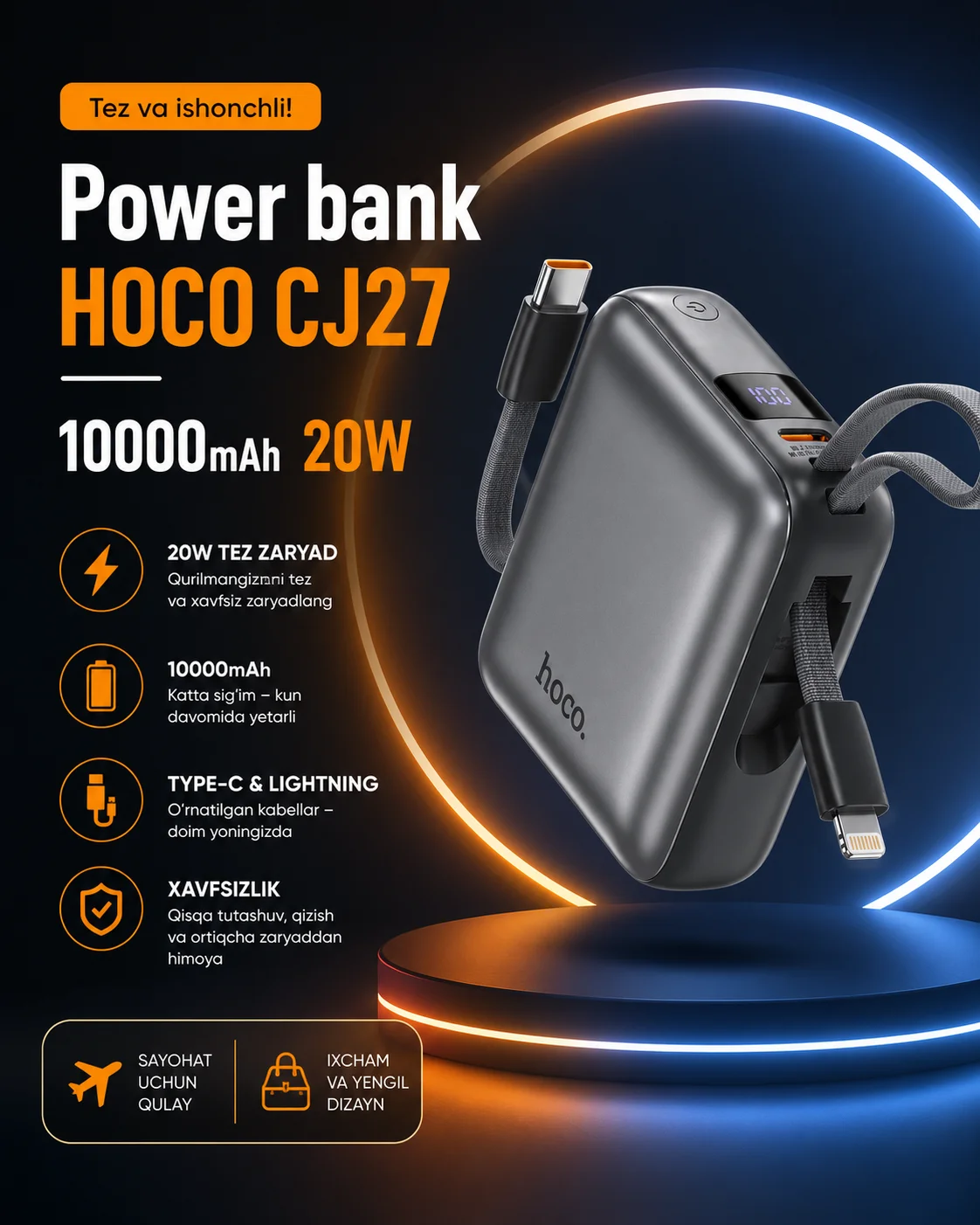Power bank HOCO CJ27 10000mAh — ichki kabelli tez quvvatlovchi tashqi batareya, 22.5W + PD 20W — Hoco — Powerbank