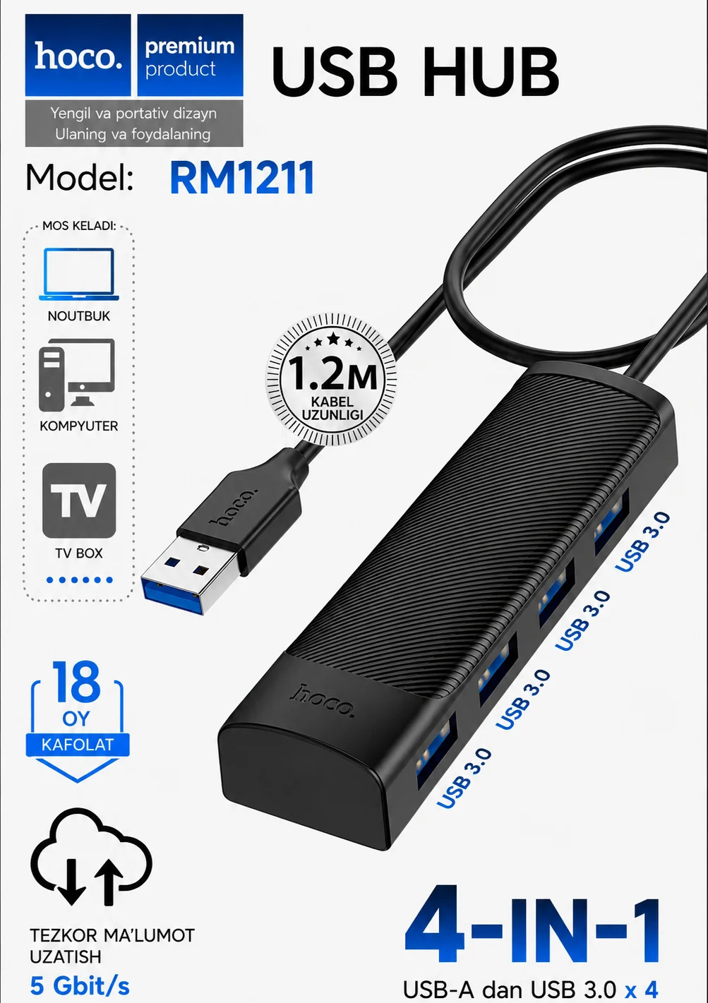 USB hub HOCO HB41 4-in-1 — USB port ko‘paytirgich / hub adapter — Hoco