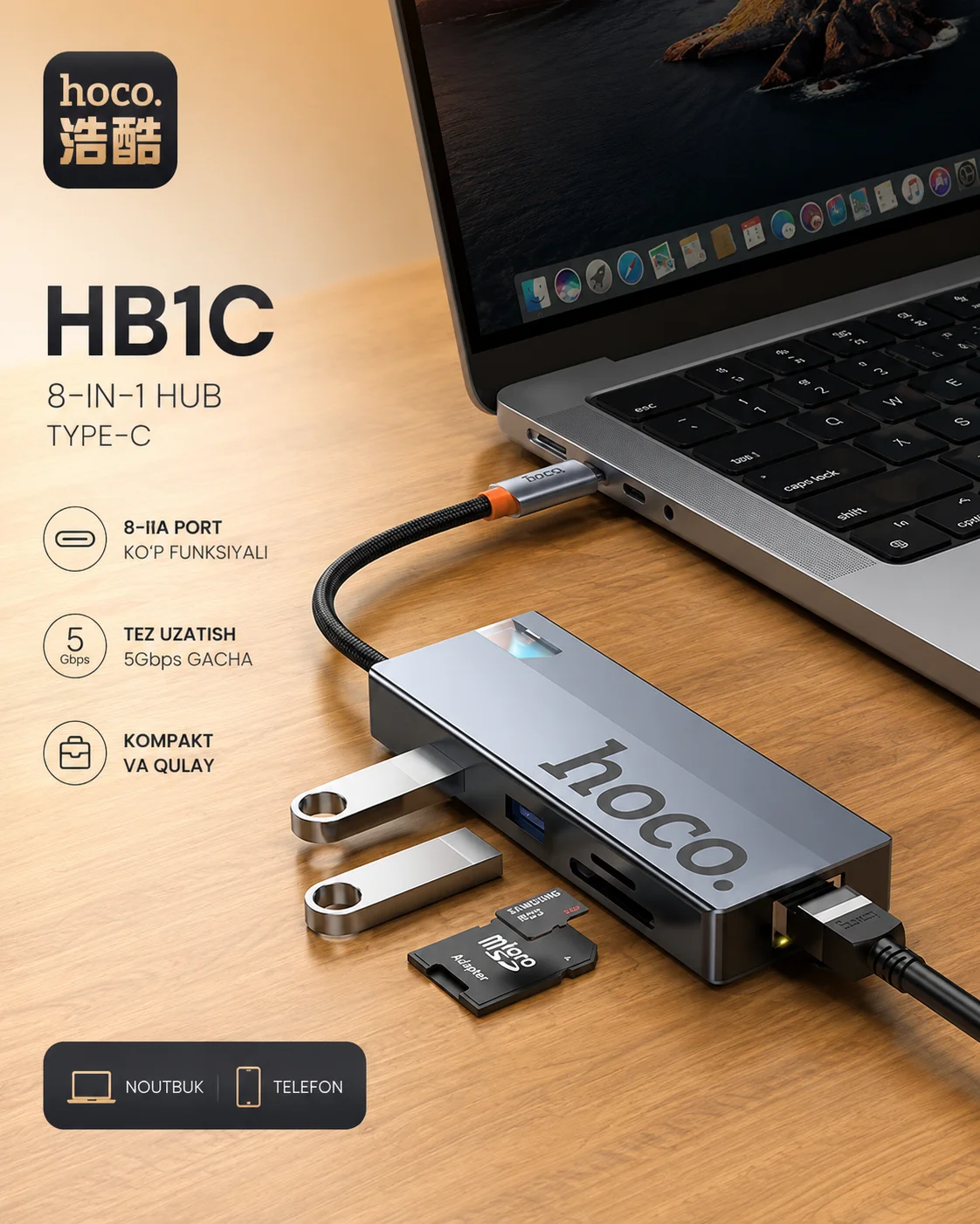 Kardrider HOCO HB52 USB / Type-C — SD va TF xotira karta o‘qigich — Hoco