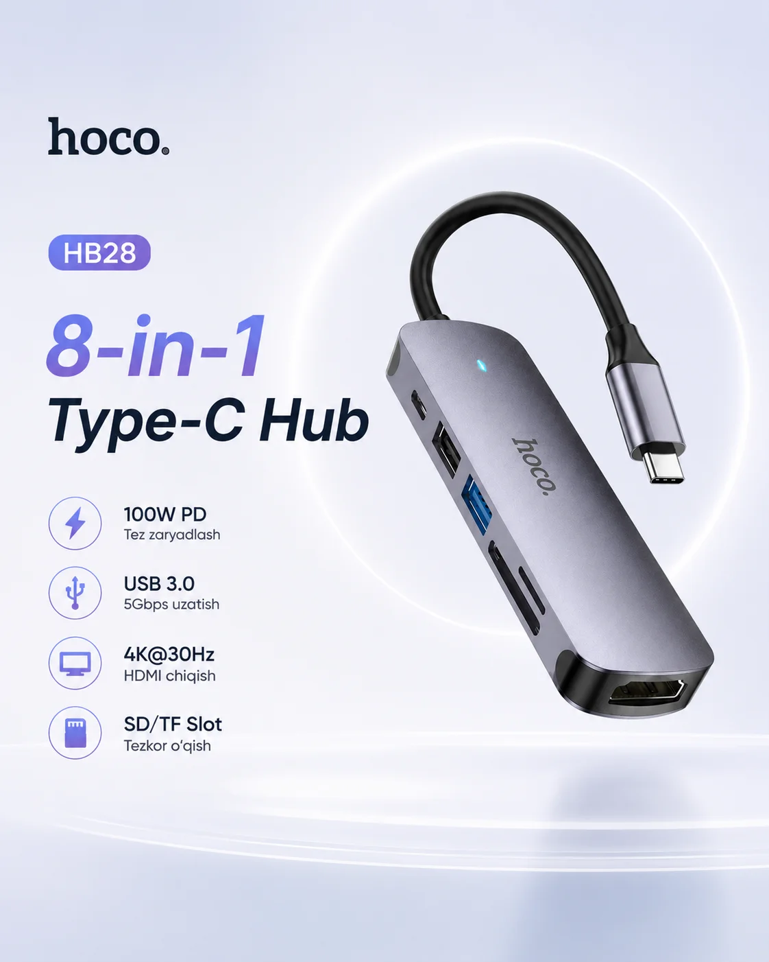 USB hub HOCO HB28 6-in-1 Type-C — HDMI 4K, USB 3.0, USB 2.0, SD/TF, PD 60W — Hoco