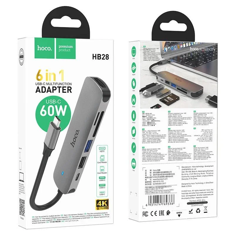 USB hub HOCO HB28 6-in-1 Type-C — HDMI 4K, USB 3.0, USB 2.0, SD/TF, PD 60W — 2/3