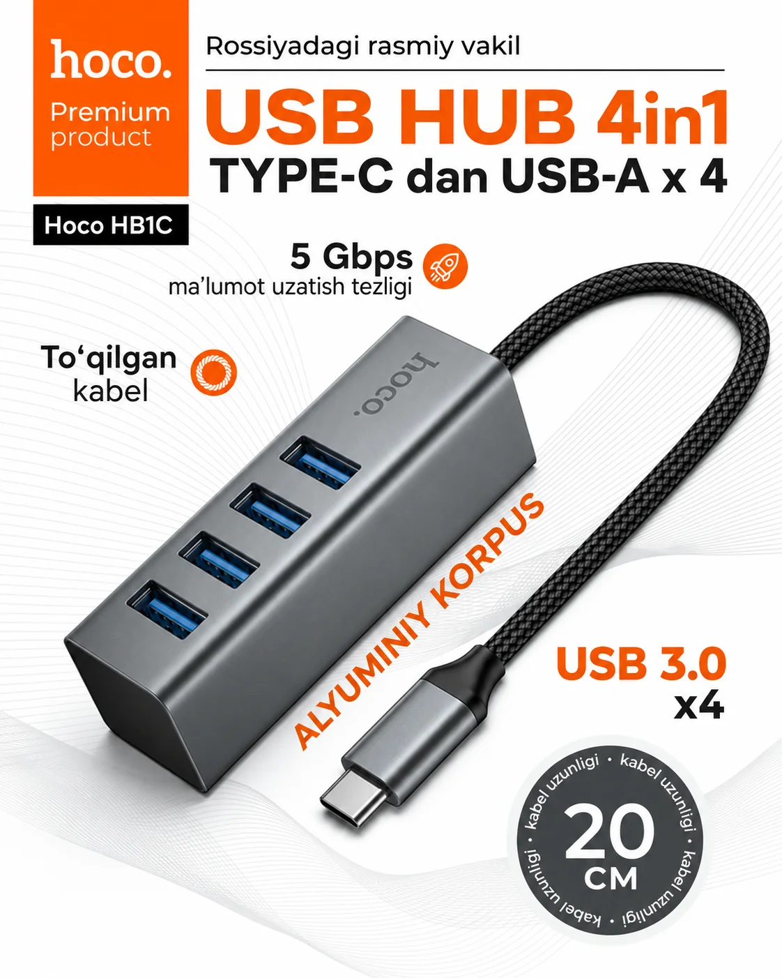 USB xab HOCO HB1C Type-C dan 4×USB 2.0 ga — OTG hub — Hoco