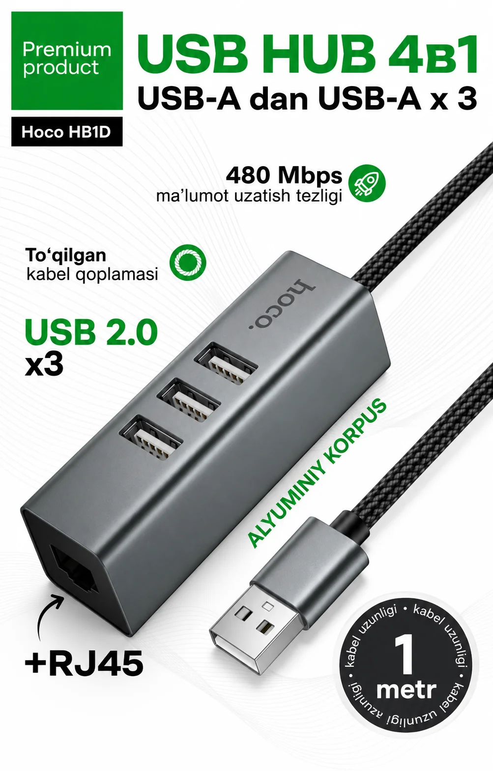 USB xab HOCO HB1D 4-in-1 — 3×USB 2.0 + RJ45 LAN adapter — Hoco