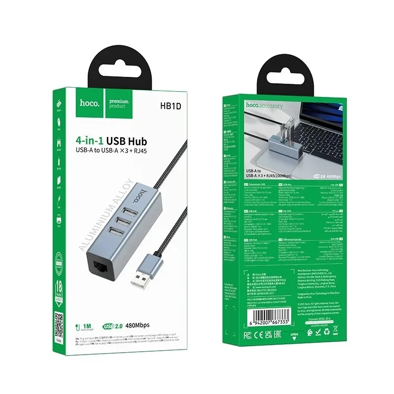 USB xab HOCO HB1D 4-in-1 — 3×USB 2.0 + RJ45 LAN adapter — 2/2