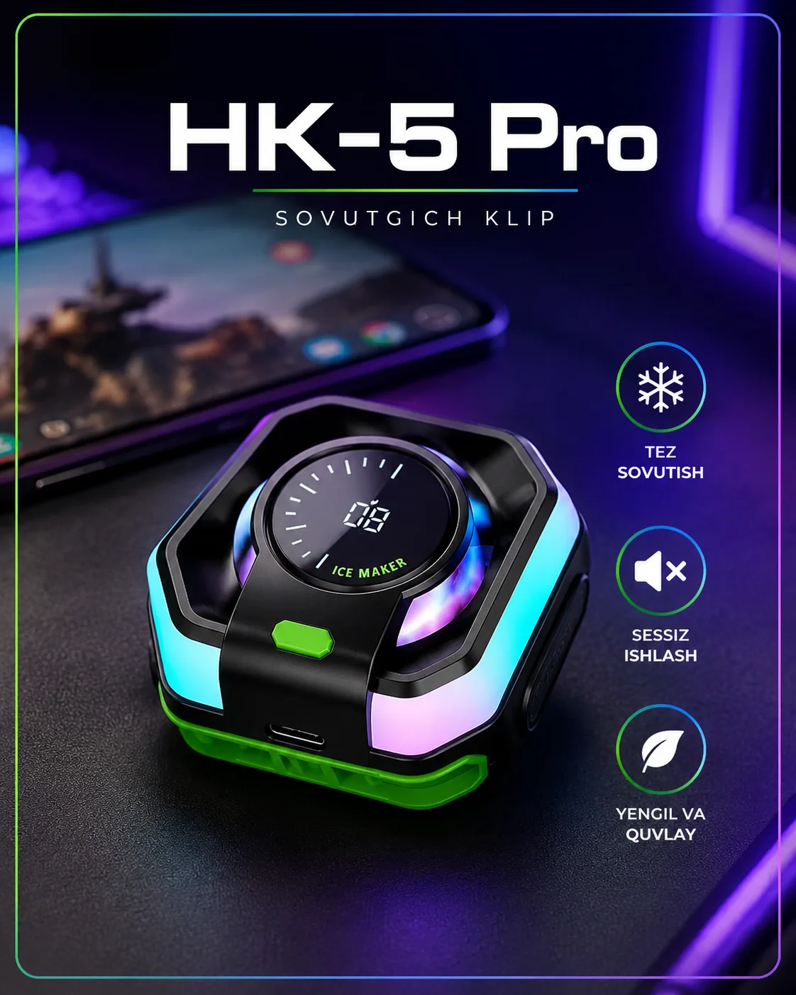 Telefon uchun magnitli kuller HK-5 Pro | telefon qizib ketganda sovutish uchun — Gaming aksesuar