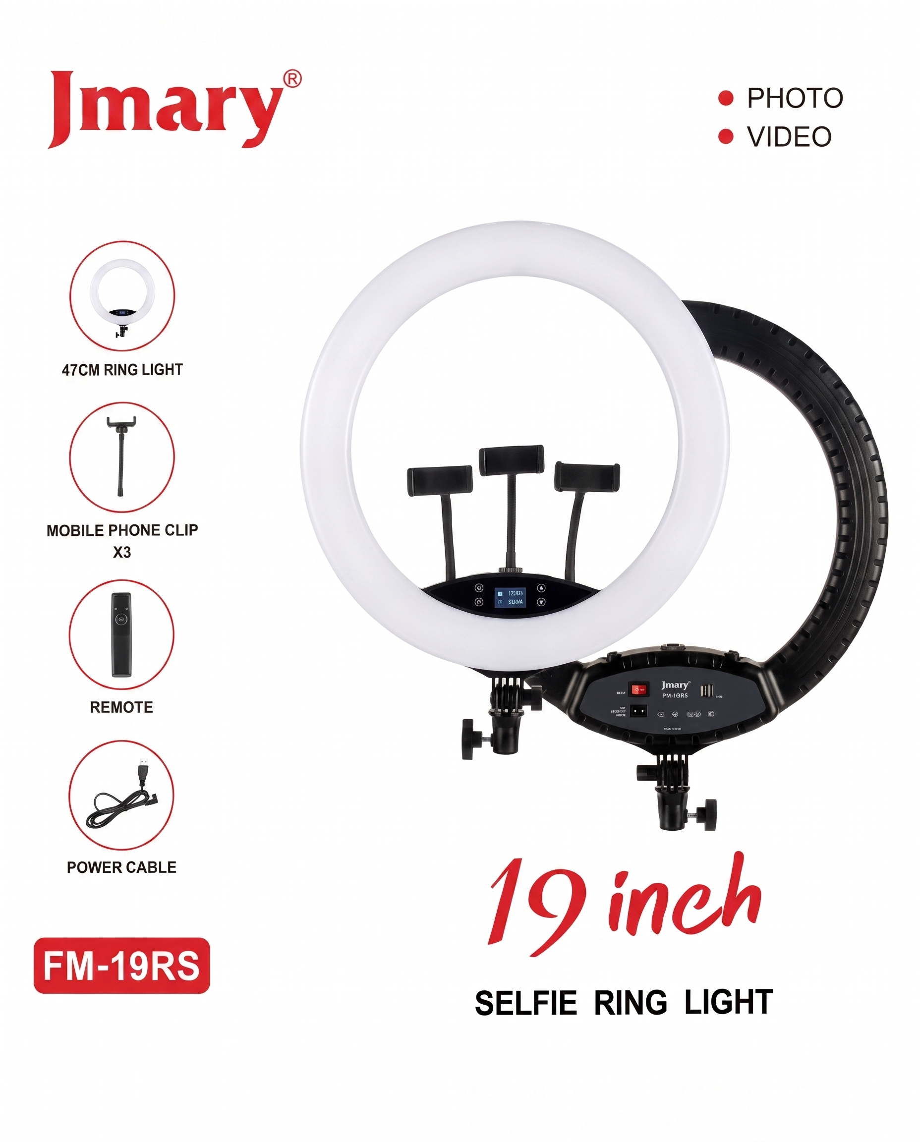 Halqali yoritgich JMARY FM-19RS 19 dyuym — sensorli LED fill light — Jmary