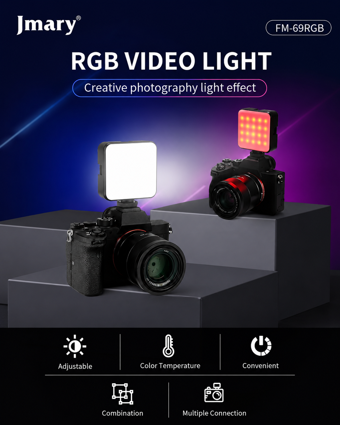 Video yoritgichi Jmary FM-69 RGB RGB mini LED chiroq 2500–9000K — Jmary
