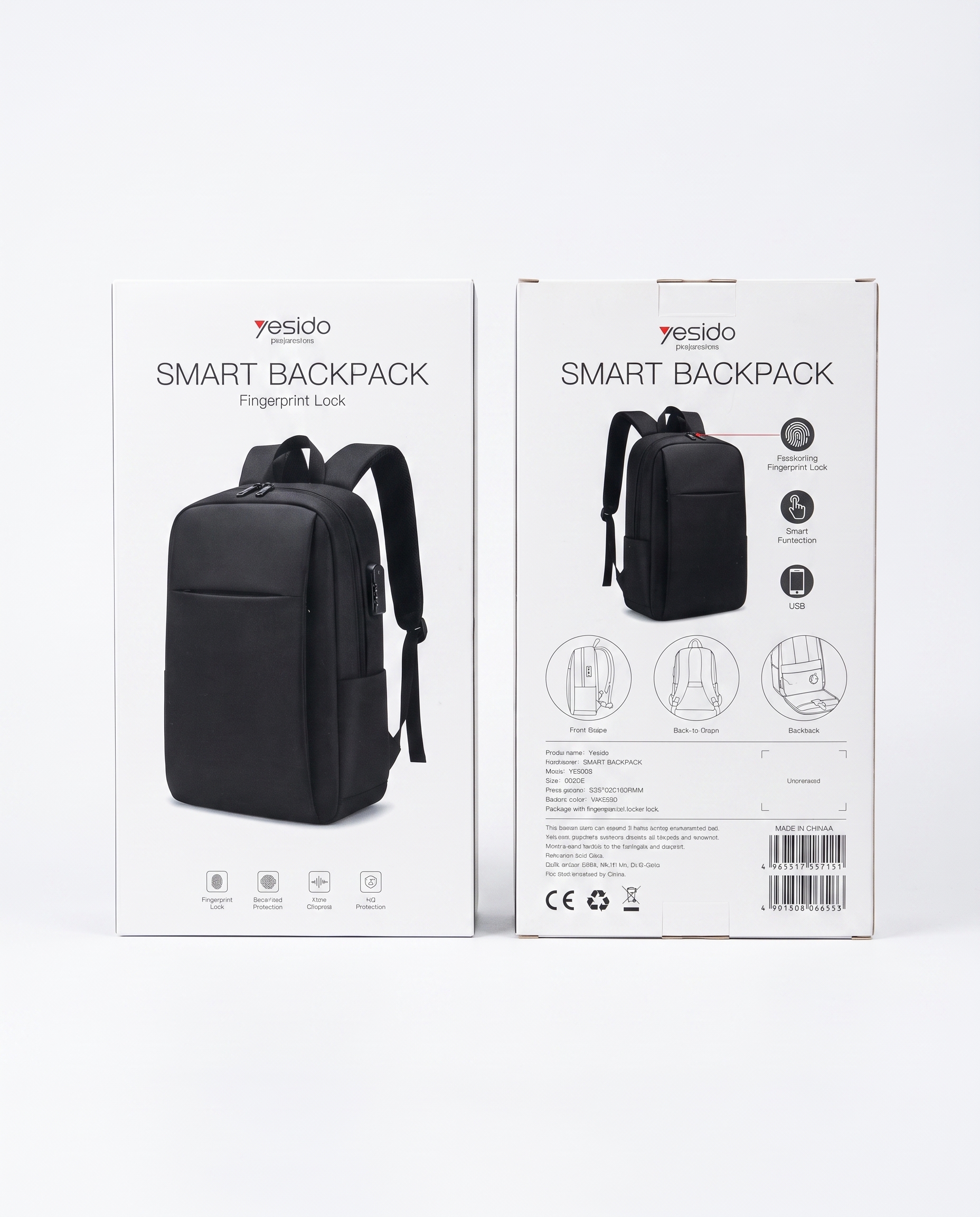 Ryukzak Yesido WB65, Barmoq Izi Qulfi, USB Port, Noutbuk uchun Smart Ryukzak — Yesido
