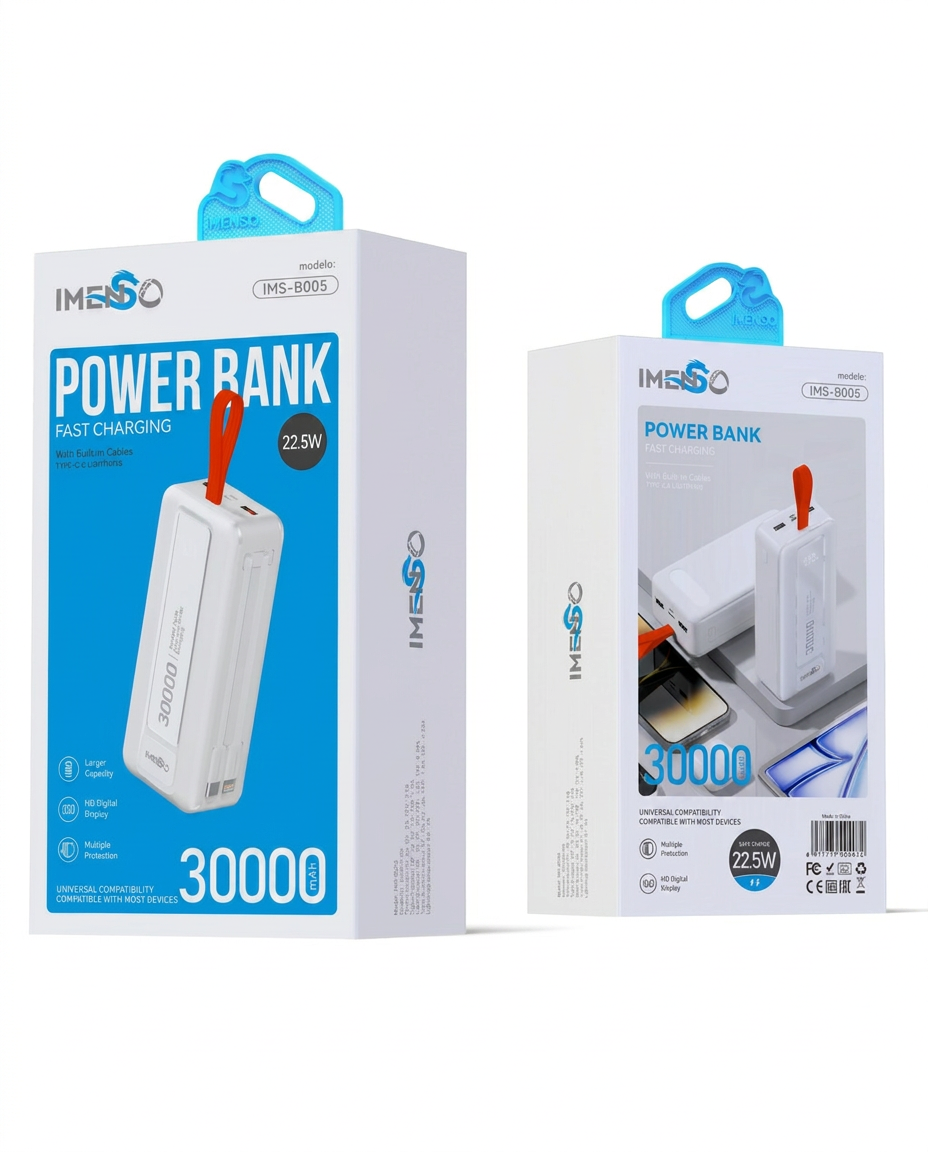 Powerbank 30000mAh — 22.5W tez quvvatlovchi tashqi batareya — Imenso — Powerbank