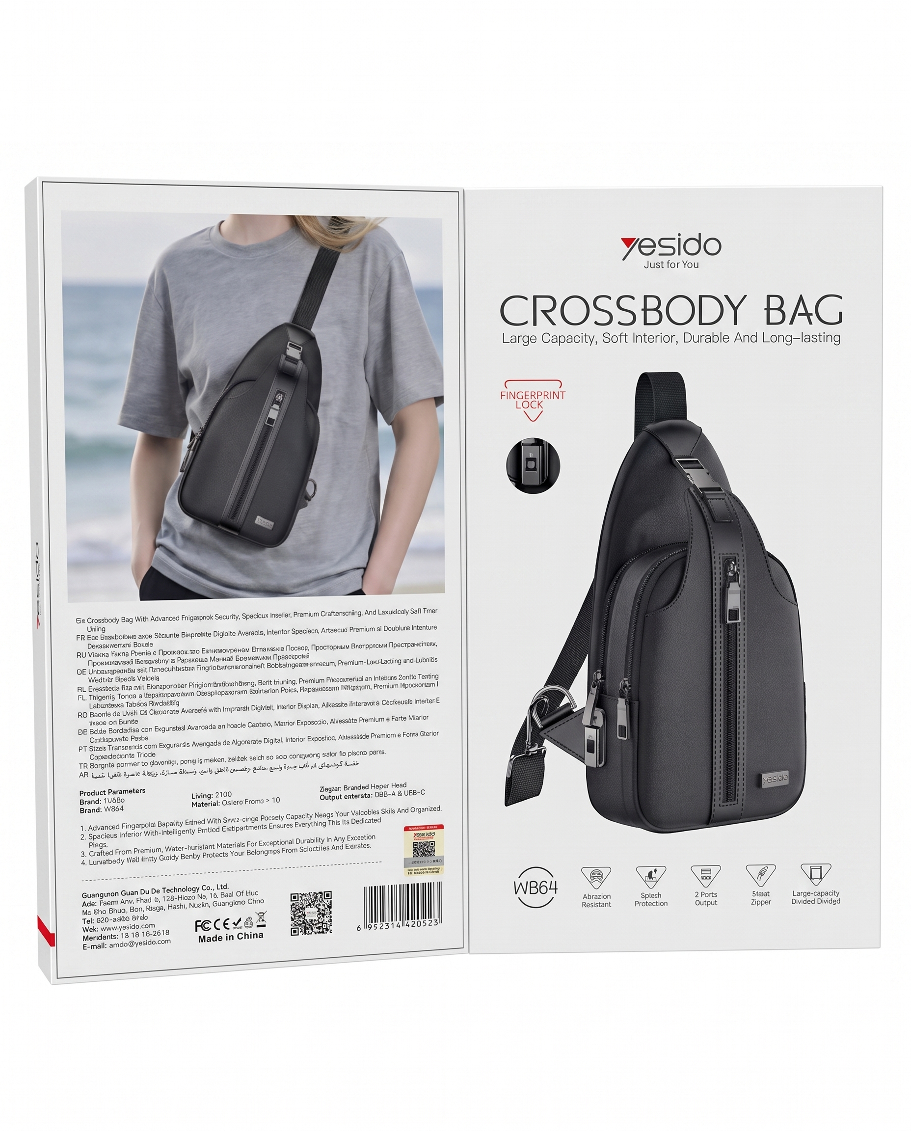 Sumka Yesido WB64, Barmoq Izi Qulfi, USB Portli Crossbody Sling Bag, Suv Sachrashiga Chidamli — Yesido