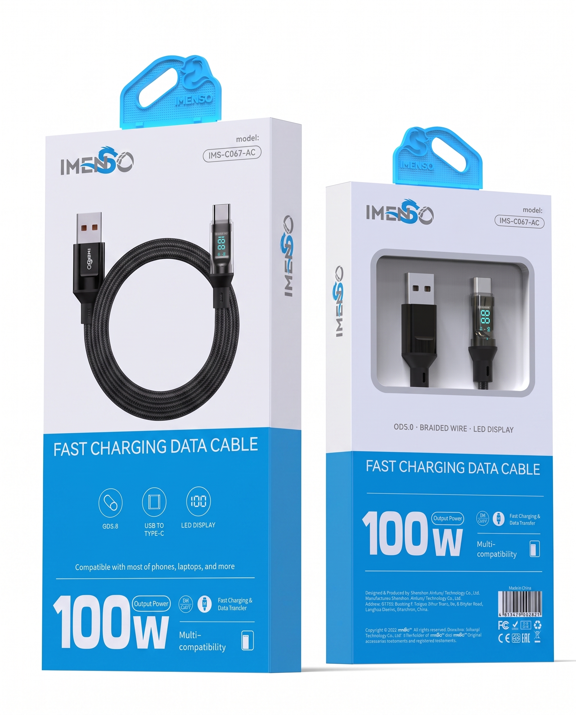 USB to Type-C, 100W tezkor zaryadlash va Ma'lumot o'tkazuvchi kabel, Raqamli display — Imenso — Kabel