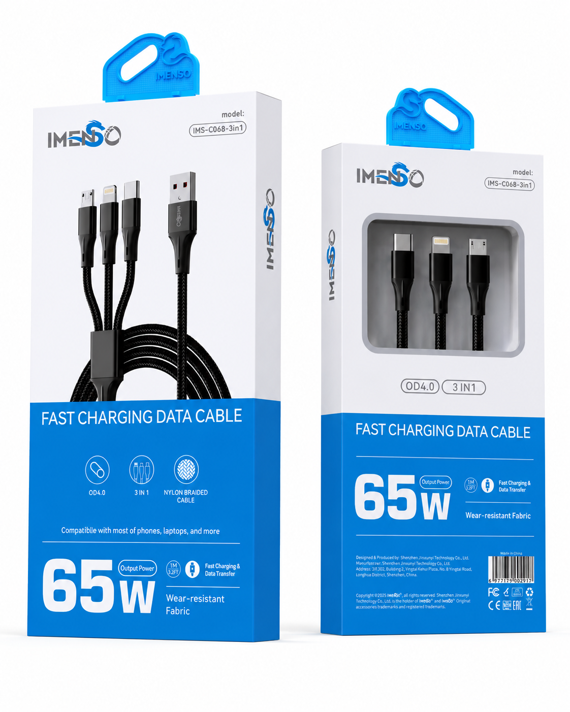 USB to Type-C, Android, Lightning 65W tezkor zaryadlash va Ma'lumot o'tkazuvchi kabel