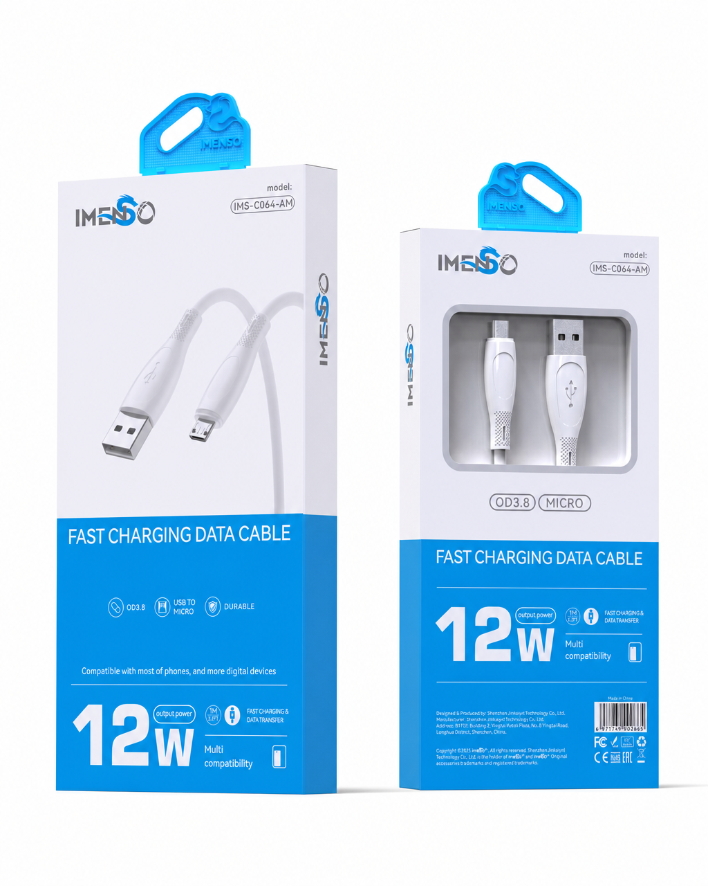 USB to Micro USB, 12W tezkor zaryadlash va Ma'lumot o'tkazuvchi kabel — Imenso — Kabel